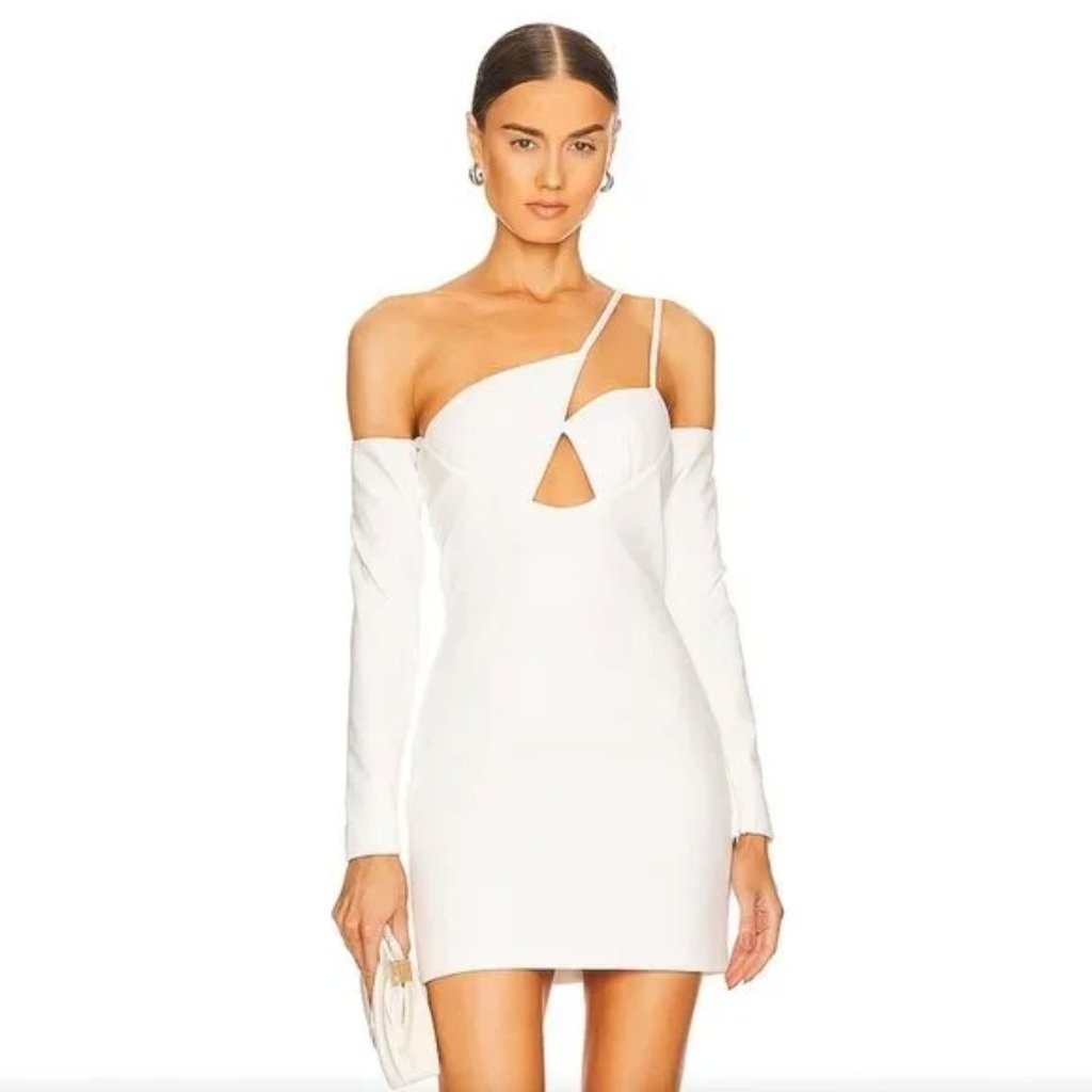 New Ceren Ocak Cut Out Mini Dress White Long Sleeve Cutout Leather Off Shoulder